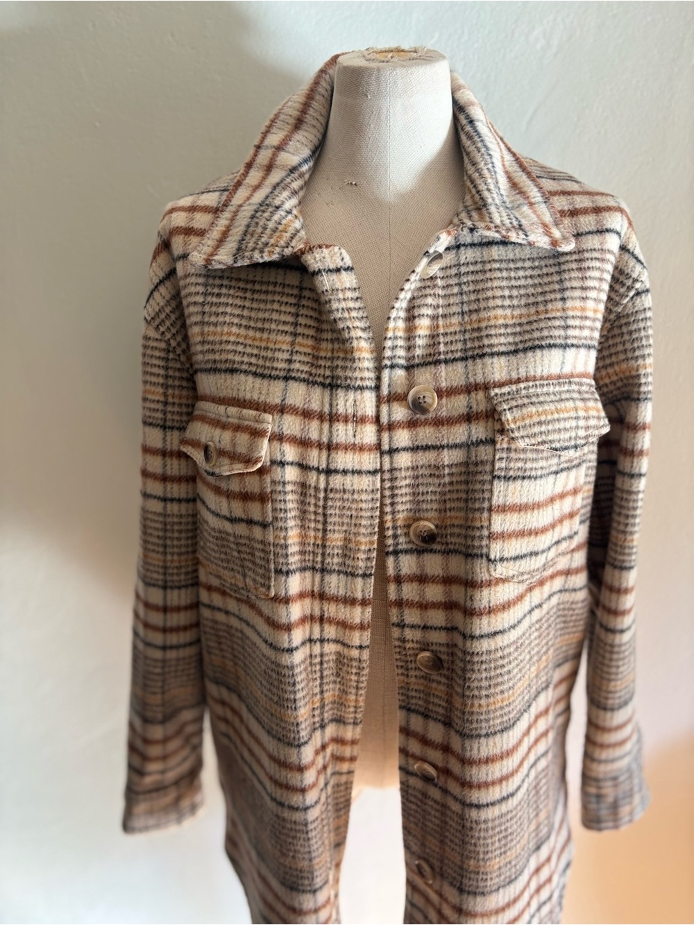JOIE Brown and Cream Plaid Flannel Shacket Medium